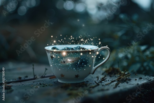 A whimsical cup contains twinkling stars, immersing the viewer in a magical moment where fantasy meets everyday imagination. photo