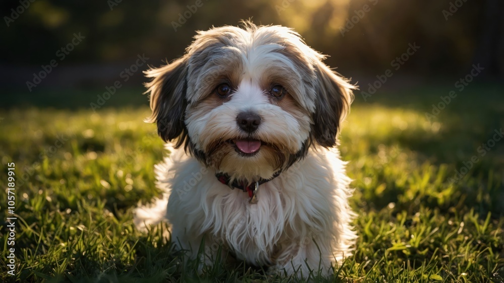 A cute dog sitting on grass with a soft sunlight backdrop. A cute dog sitting on grass with a soft sunlight backdrop.