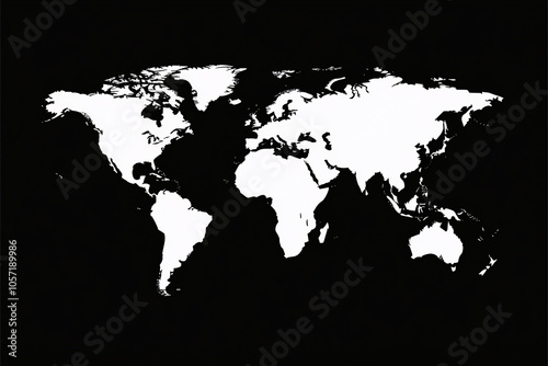 A white world map silhouette on a solid black background creating a high-contrast minimalist global design with stark visual impact 