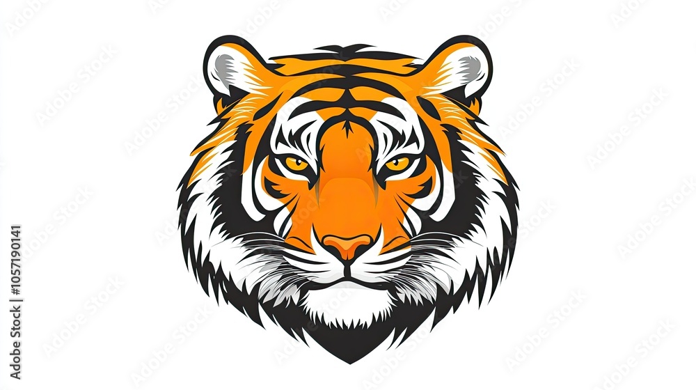 A fierce yet friendly tiger head, stylized in a modern vector style, with bright orange fur and clean black stripes, isolated on a white background. A fierce yet friendly tiger head, stylized in a modern vector style, with bright orange fur and clean black stripes, isolated on a white background.