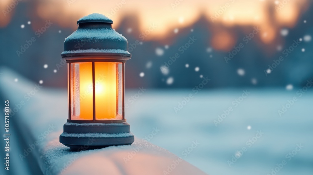 Lantern glowing warmly on a snowy winter evening, casting a cozy light, AI Lantern glowing warmly on a snowy winter evening, casting a cozy light, AI