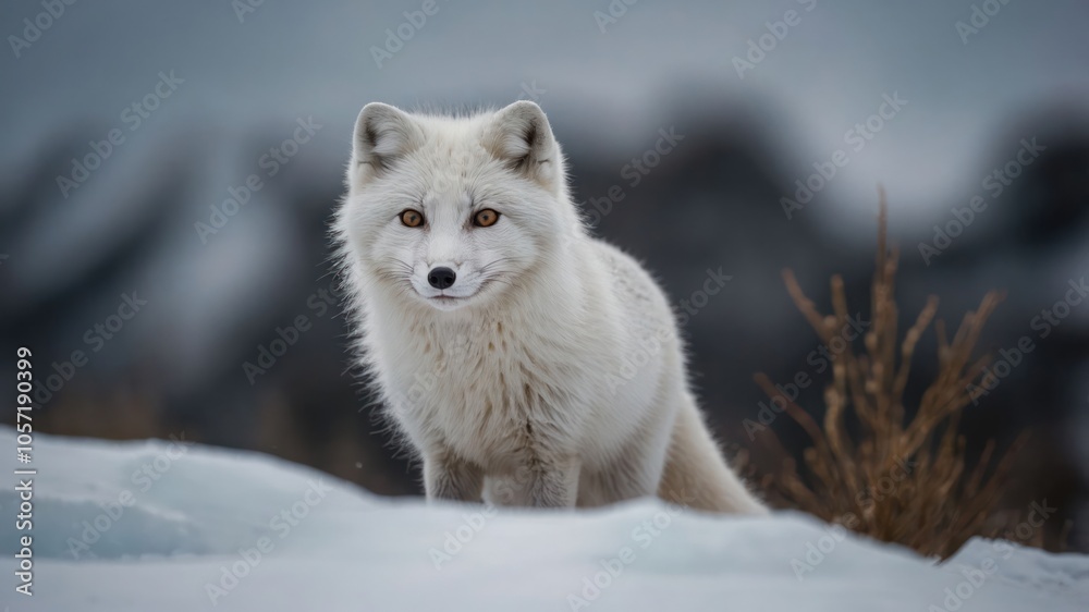 A solitary arctic fox stands on snow, showcasing its white fur against a cold landscape. A solitary arctic fox stands on snow, showcasing its white fur against a cold landscape.