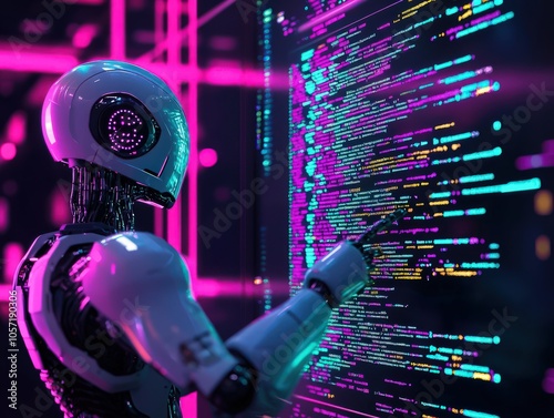 Cyber digital world featuring an AI robot pointing at a computer coding screen