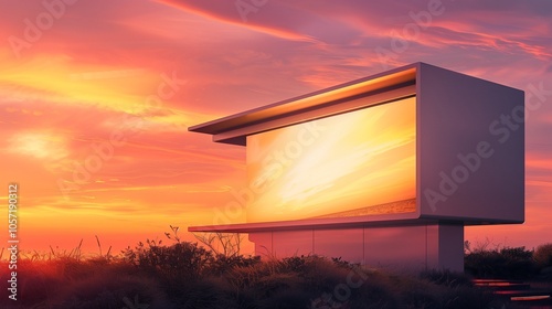: A modern billboard glowing in the warm light of a sunset, with the sky displaying a beautiful gradient from orange to pink and purple.