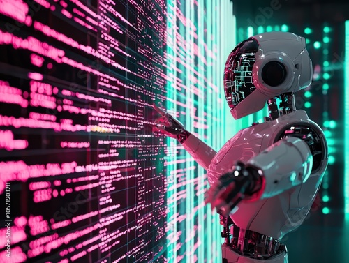 Cyber digital world featuring an AI robot pointing at a computer coding screen