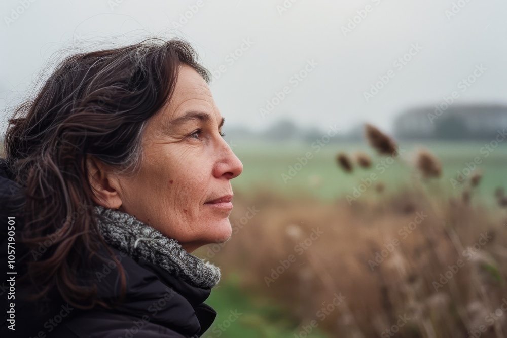 A contemplative woman stands in an open field, face in profile, surrounded by soft grasses and sky, embodying calm and reflection.