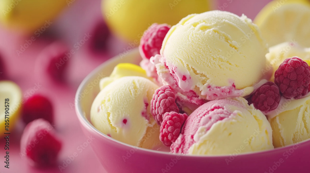 Lemon Raspberry Ice Cream Delight: A close-up of a pink bowl brimming with scoops of creamy lemon ice cream, adorned with fresh raspberries. The perfect summer treat. Lemon Raspberry Ice Cream Delight: A close-up of a pink bowl brimming with scoops of creamy lemon ice cream, adorned with fresh raspberries. The perfect summer treat.