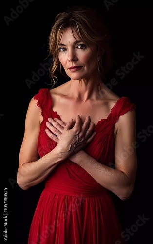 A full-body studio portrait of an adult woman in a red dress with her hands folded on her chest, against a black backgroun