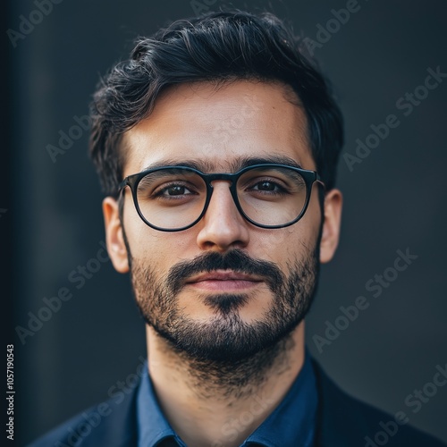 A confident man with glasses looking directly at the camera in a close-up portrait shot for professional use.