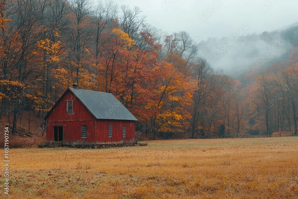 Red Barn in a Foggy Autumn Forest Red Barn in a Foggy Autumn Forest