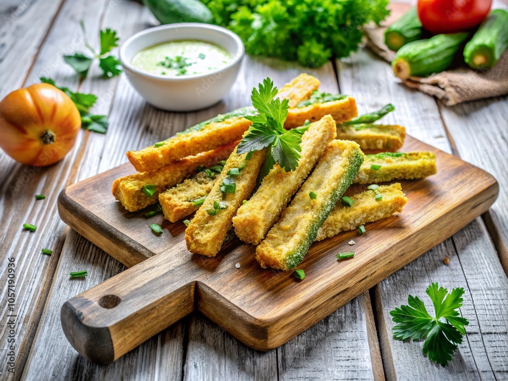 Surreal Fried Zucchini Sticks on Wooden Cutting Board Against a White Background for Culinary Art Surreal Fried Zucchini Sticks on Wooden Cutting Board Against a White Background for Culinary Art