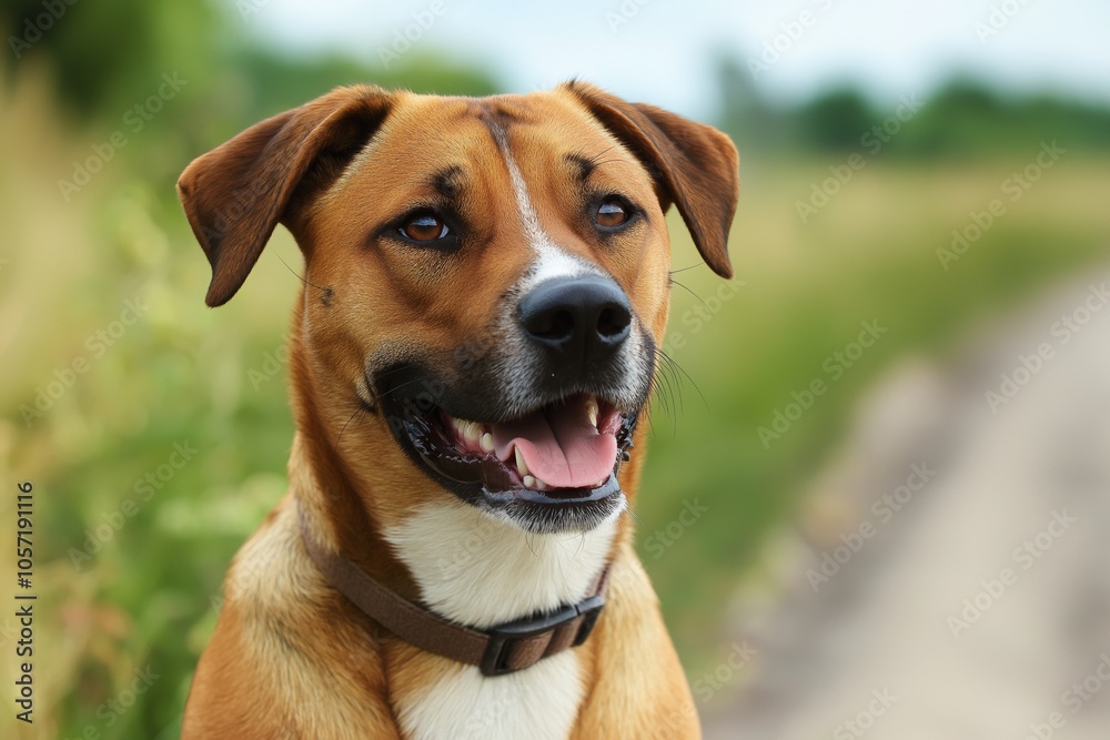 A joyful brown dog with a collar enjoys the lush green meadow surroundings. A joyful brown dog with a collar enjoys the lush green meadow surroundings.