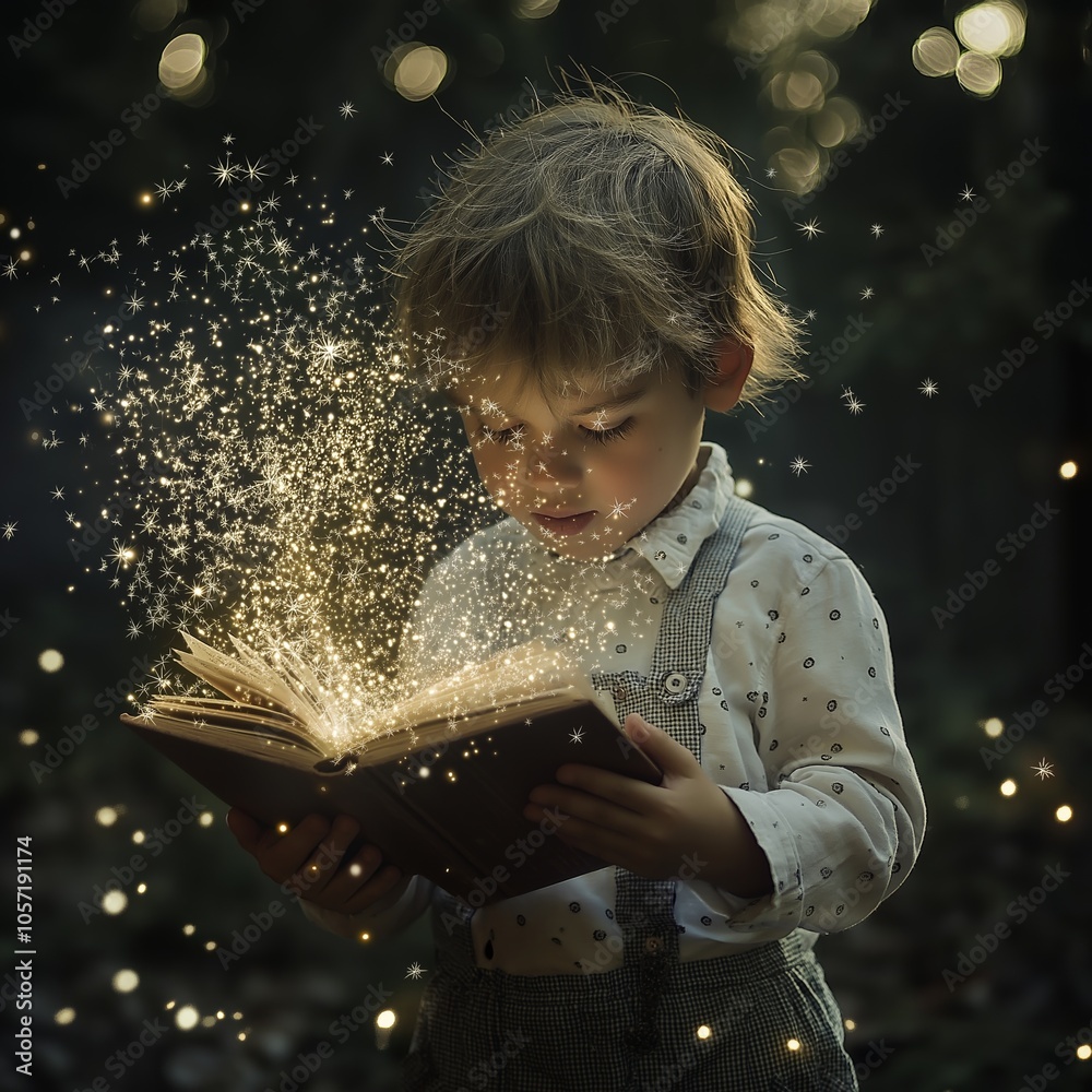 Obraz premium A young child reads a book emanating magical sparkles, evoking wonder and imagination in a forest setting.