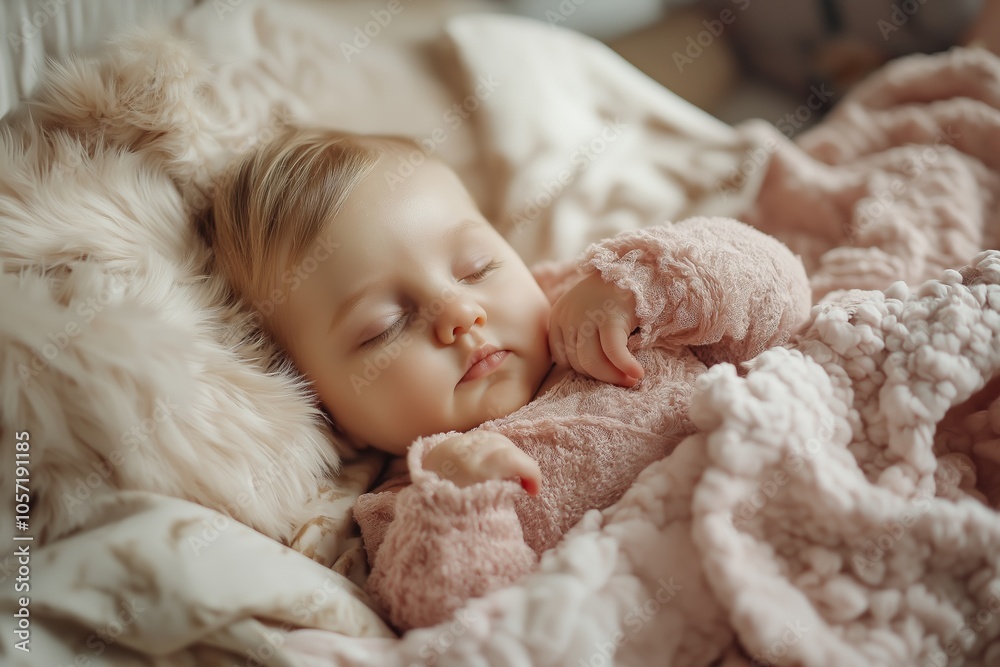 A peaceful baby sleeps in a pink blanket, surrounded by comforting plush toys, embodying warmth and innocence. A peaceful baby sleeps in a pink blanket, surrounded by comforting plush toys, embodying warmth and innocence.