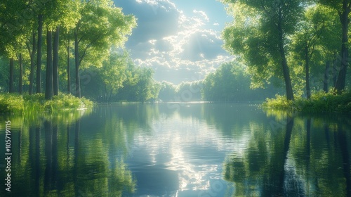 Serene forest landscape reflecting in a tranquil river.