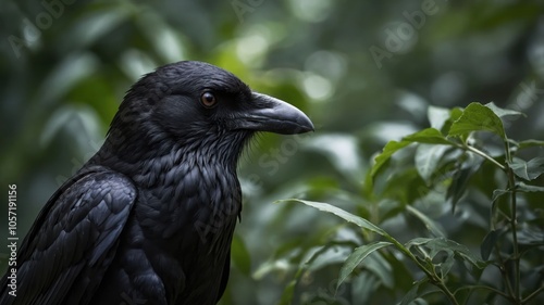 A close-up of a raven amidst green foliage, showcasing its striking features.