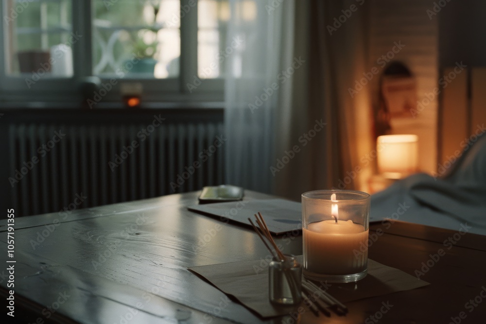A softly lit room with a glowing candle, casting warm hues on a wooden table, creates a cozy atmosphere ideal for relaxation or reflection. A softly lit room with a glowing candle, casting warm hues on a wooden table, creates a cozy atmosphere ideal for relaxation or reflection.