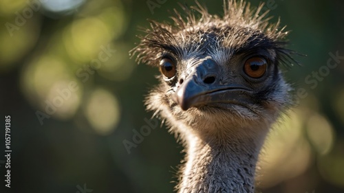 Close-up portrait of an emu with striking eyes and detailed feathers in a blurred background.