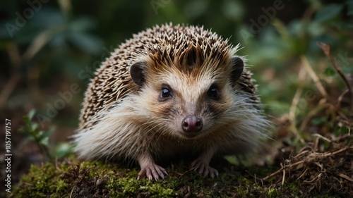 A close-up of a hedgehog on moss, showcasing its unique features and natural habitat.