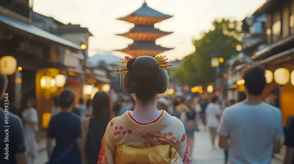 Fototapeta premium 五重塔を背景に立つ着物姿の舞妓