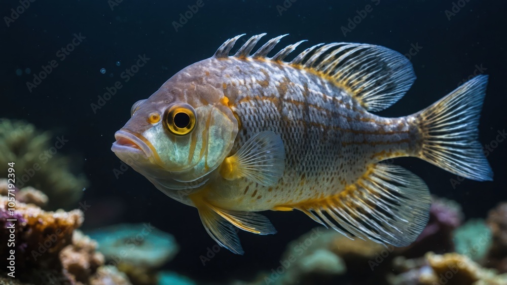 A vibrant fish swimming among coral in a marine environment. A vibrant fish swimming among coral in a marine environment.