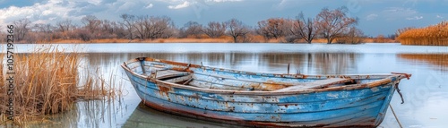 A boat is floating in a lake with a lot of weeds and trees in the background