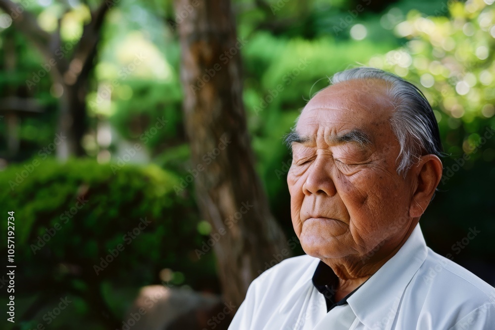 An elderly man sits serenely in a lush garden, eyes closed in peaceful meditation, surrounded by vibrant greenery and tranquility. An elderly man sits serenely in a lush garden, eyes closed in peaceful meditation, surrounded by vibrant greenery and tranquility.