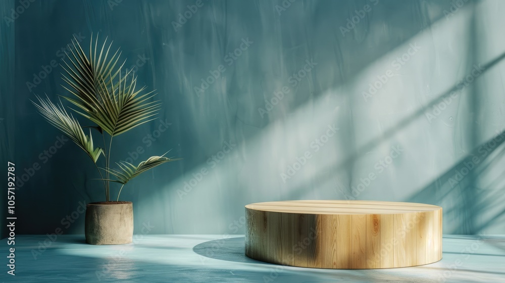 Wooden pedestal with open space for decor, blue wall with shades, dim room with sunlight. Wooden pedestal with open space for decor, blue wall with shades, dim room with sunlight.