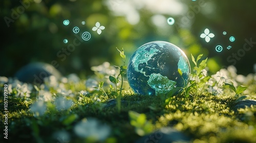 A serene scene of the Earth globe resting on grass, with icons of renewable energy sources floating around, symbolizing the synergy between green energy and the environment.