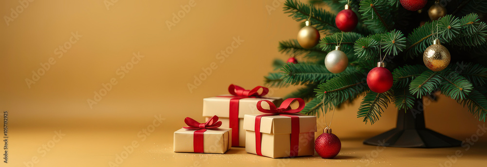 Gifts lie under the Christmas tree on a yellow background, empty space Gifts lie under the Christmas tree on a yellow background, empty space