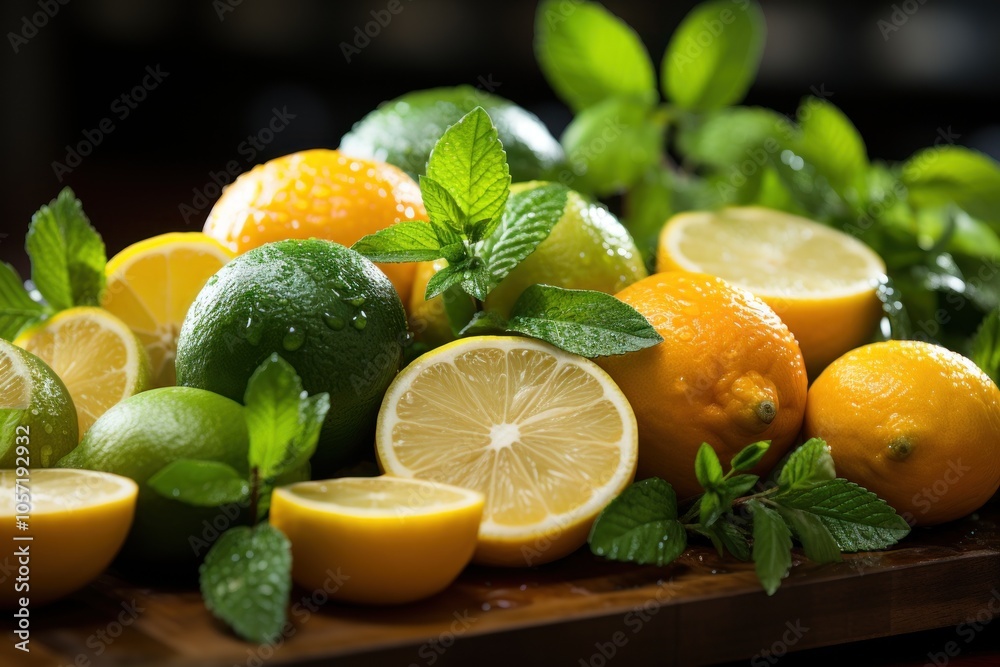 A vibrant arrangement of fresh lemons, limes, and mint leaves with water droplets. A vibrant arrangement of fresh lemons, limes, and mint leaves with water droplets.