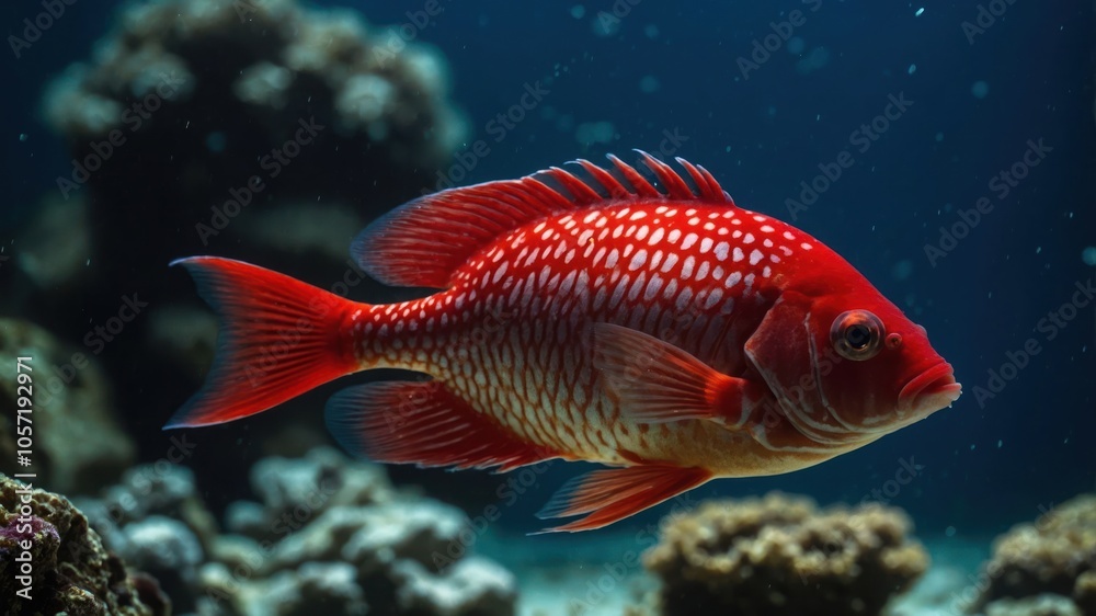 A vibrant red fish with white spots swimming in a coral reef environment. A vibrant red fish with white spots swimming in a coral reef environment.