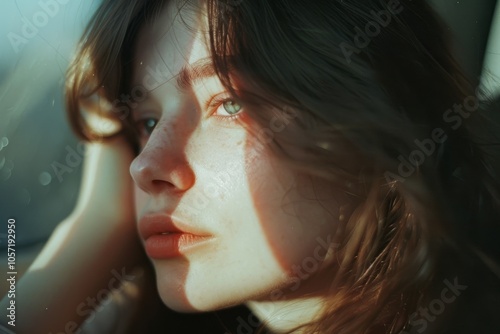 A close-up portrait captures the introspective gaze of a young woman, sunlight softly highlighting her contemplative expression.