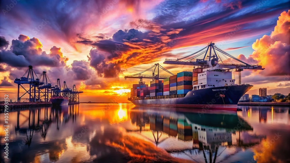 Surreal Sunset at a Busy Harbor with a Docked Cargo Ship and Vibrant Sky Surreal Sunset at a Busy Harbor with a Docked Cargo Ship and Vibrant Sky