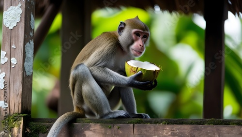 Macaque portrait featuring a long macaque sitting in a green forest, showcasing its expressive face among the wildlife of Asia photo