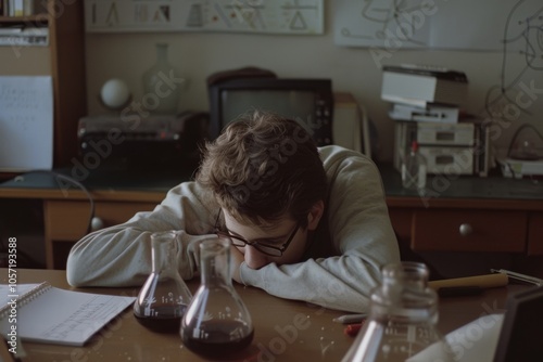 A young person in a lab, resting with head down on a table amidst beakers filled with dark liquid, capturing a moment of exhaustion. photo