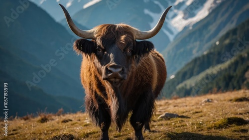 A close-up of a Highland cow in a mountainous landscape, showcasing its distinctive features. photo