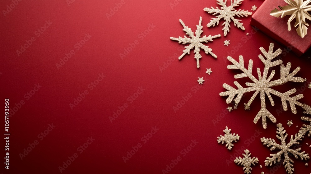 Golden snowflakes falling on a red background Golden snowflakes falling on a red background