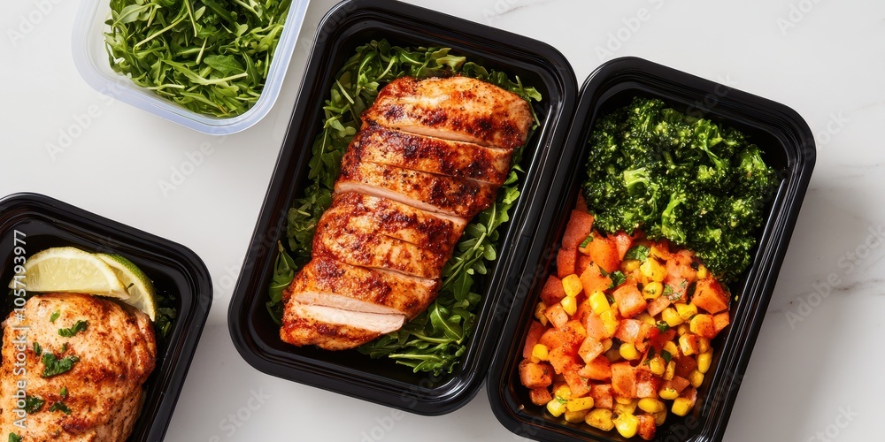 Healthy meal prep containers with grilled chicken and fresh vegetables on a white isolated background. Healthy meal prep containers with grilled chicken and fresh vegetables on a white isolated background.
