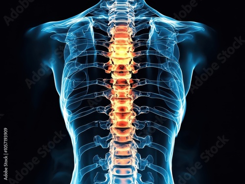 X-ray showing spinal column with implant fusion, highlighting back pain treatment. Professional photo taken with a professional DSLR camera. photo