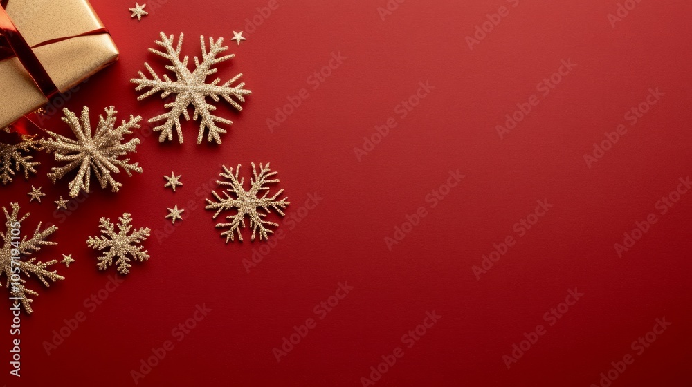 Golden snowflakes falling on a red background Golden snowflakes falling on a red background