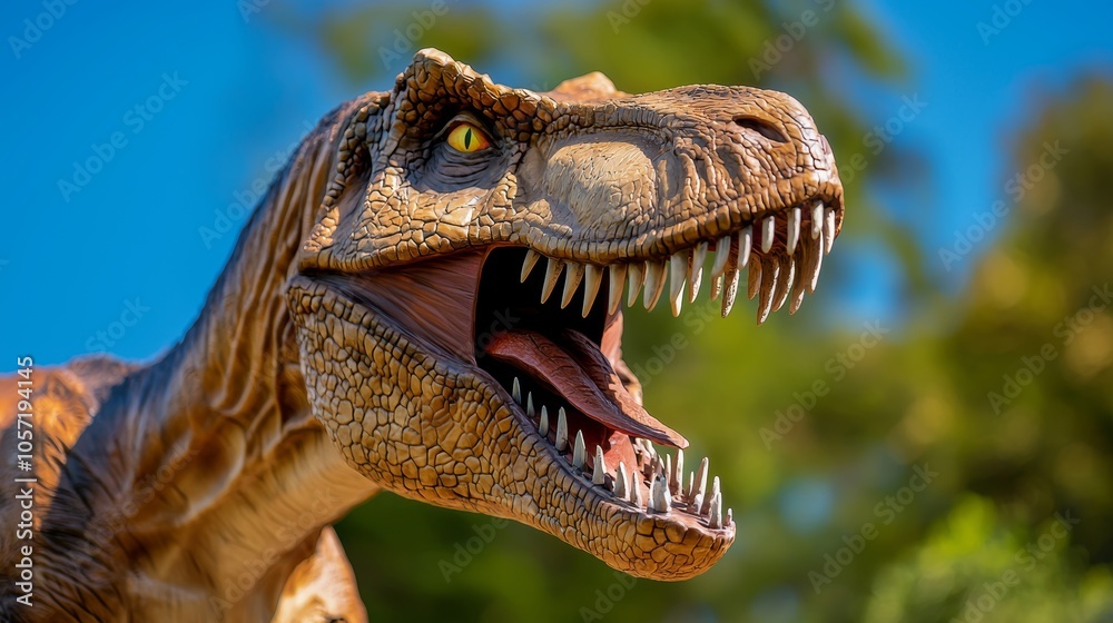 Obraz premium Dinosaur Model with Open Mouth in Natural Setting