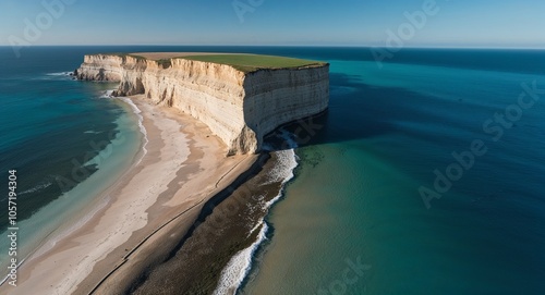 Aerial of sea cliff edge with clear blue water below