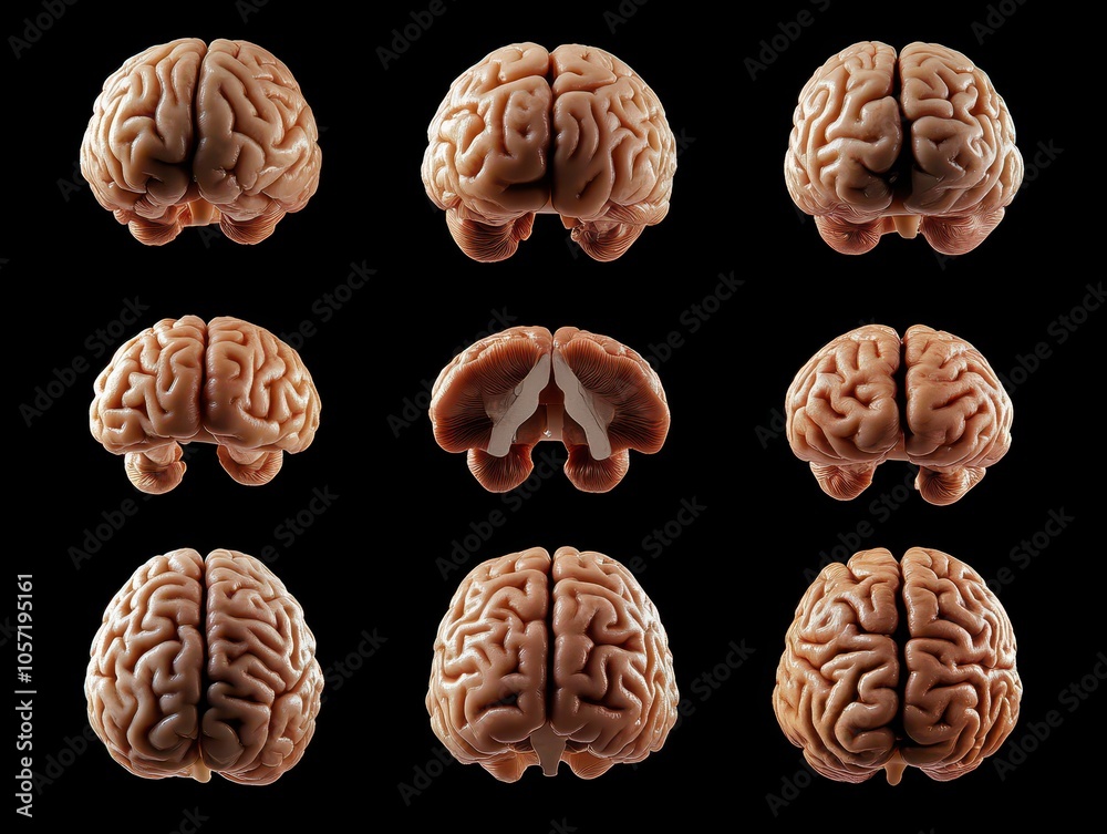 Set of human brain models isolated on a solid background, showcasing anatomical detail and variety for educational purposes. Set of human brain models isolated on a solid background, showcasing anatomical detail and variety for educational purposes.