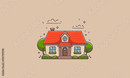 Illustration of a cozy house with trees and red roof