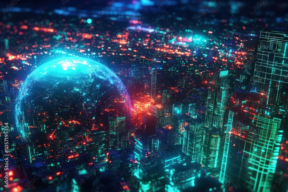 Digital metaverse cyber space with neon glowing global elements Digital metaverse cyber space with neon glowing global elements