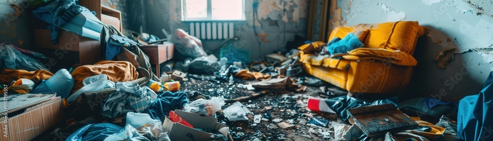 A messy room with a yellow couch and a pile of trash A messy room with a yellow couch and a pile of trash