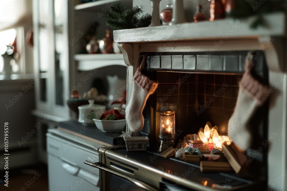 A nostalgic kitchen dressed in festive decor with a glowing hearth and stockings, embracing a cozy holiday spirit.