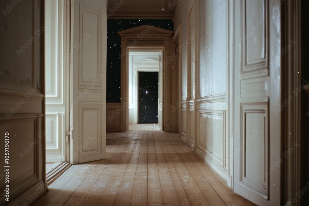 Endless white corridor leads to a cosmic realm, merging classic architecture with celestial wonder for a surreal adventure. Endless white corridor leads to a cosmic realm, merging classic architecture with celestial wonder for a surreal adventure.
