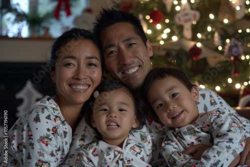 A joyful family poses together in matching festive pajamas before a beautifully lit Christmas tree. photo